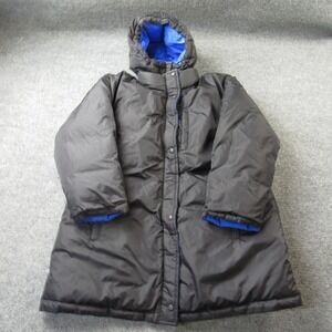Lands End Goose Down Jacket Women Large 14-16 Blue Black Hooded Reversible Parka